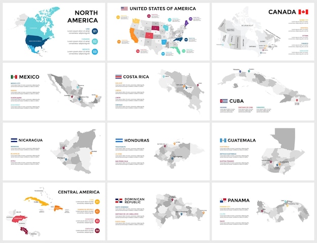 Vetor modelo de infográfico de mapa vetorial da américa central do norte apresentação de slides eua canadá méxico