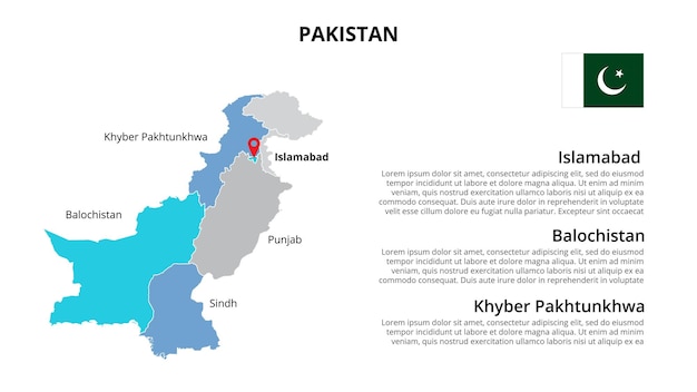 Modelo de infográfico de mapa vetorial do paquistão dividido por estados regiões ou províncias apresentação de slides