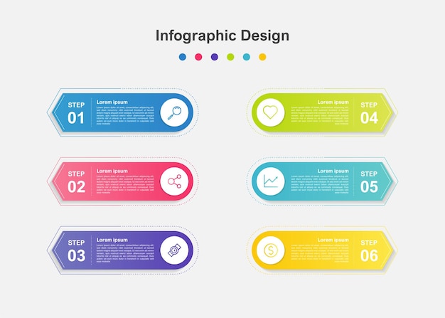 Modelo de infográfico de negócios abstrato colorido de seis etapas
