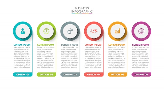 Modelo de infográfico de negócios apresentação com 6 opções.