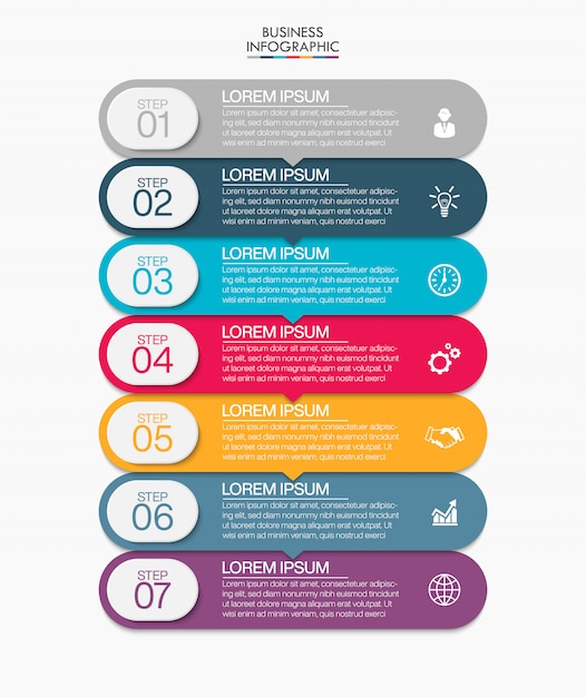 Modelo de infográfico de negócios apresentação com 7 opções.