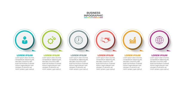 Modelo de infográfico de negócios apresentação com seis opções.