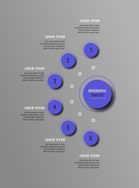 Modelo de infográfico de negócios cinza vertical com seis elementos redondos violetas e caixas de texto