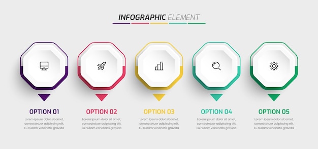 Modelo de infográfico de negócios com ícone de rótulo octógono e 5 opção pode ser usado para apresentação