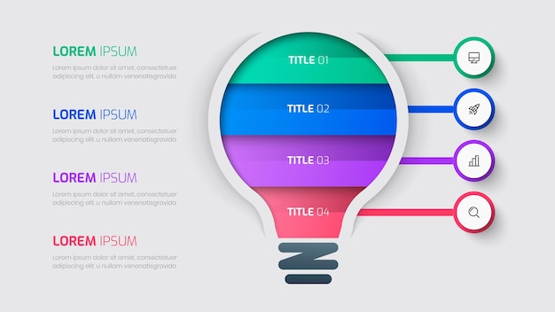 Vetor modelo de infográfico de negócios com rótulo de círculo de lâmpada 4 etapas e ícone para apresentação