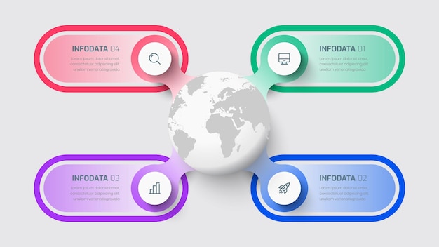 Modelo de infográfico de negócios com rótulo globe line circle 4 opções e ícone para apresentação