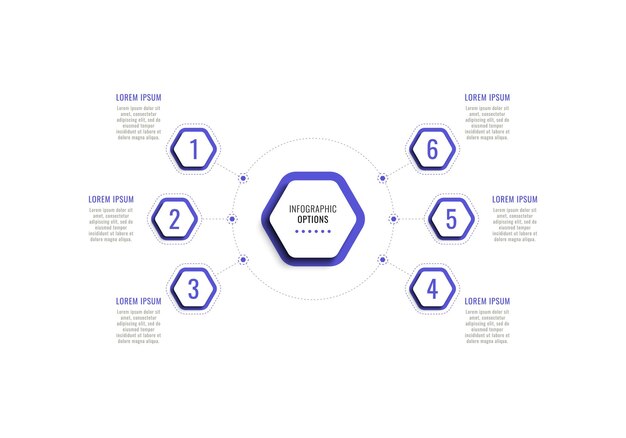 Modelo de infográfico de negócios com seis elementos hexagonais violetas em um fundo branco