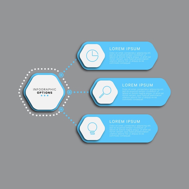 Modelo de infográfico de negócios com três elementos hexagonais azuis claros em um fundo cinza