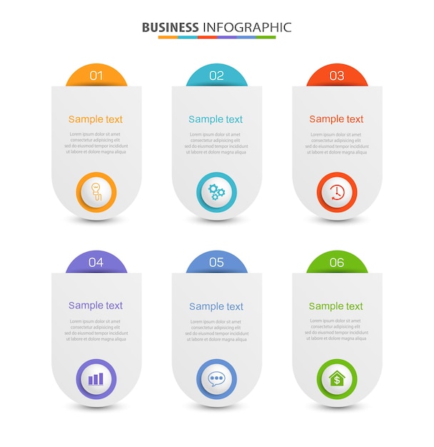 Modelo de infográfico de negócios de apresentação com 6 opções.