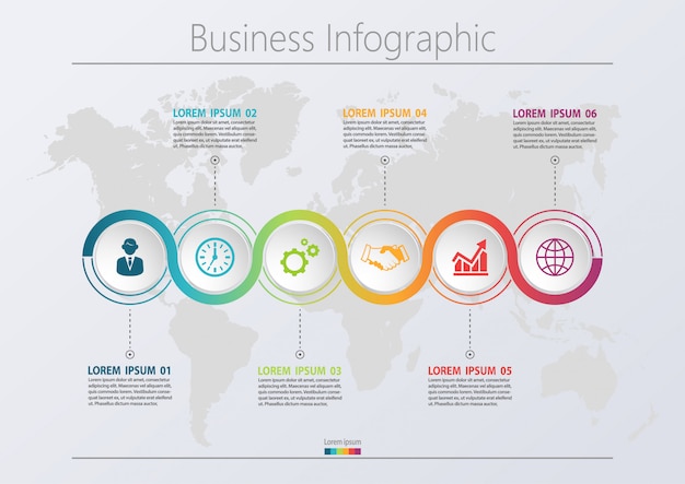 Modelo de infográfico de negócios de apresentação com 6 opções.