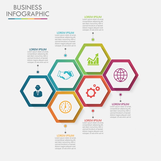 Modelo de infográfico de negócios de apresentação com 6 opções.