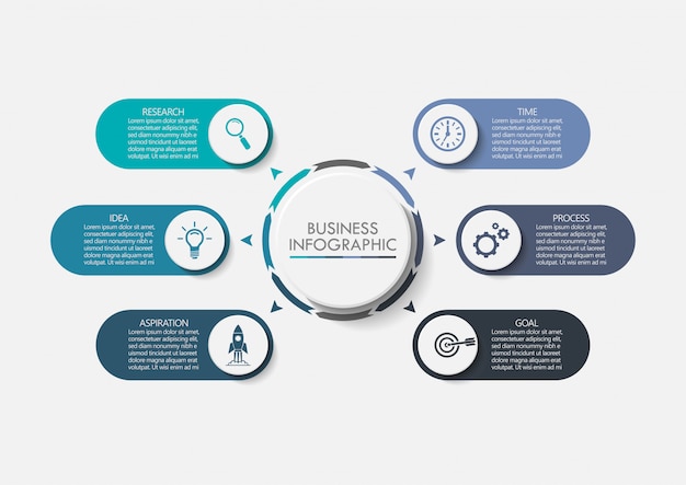 Modelo de infográfico de negócios de apresentação com 6 opções.