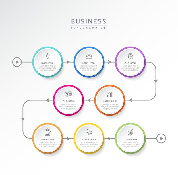 Vetor modelo de infográfico de negócios de etapas de conexão circular com 8 elementos