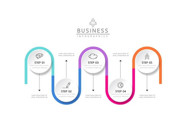 Modelo de infográfico de negócios de etapas de conexão com 5 elementos