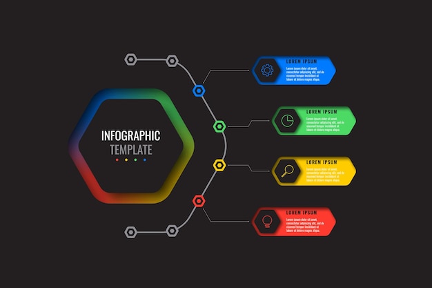 Vetor modelo de infográfico de negócios de tema escuro com quatro elementos hexagonais realistas com ícones