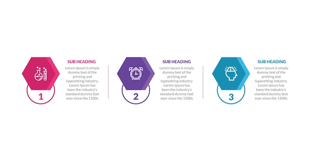 Modelo de infográfico de negócios de três etapas em estilo hexagonal