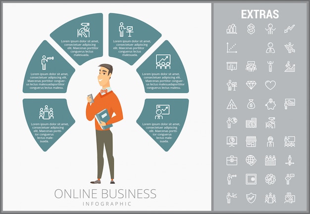 Modelo de infográfico de negócios on-line e conjunto de ícones