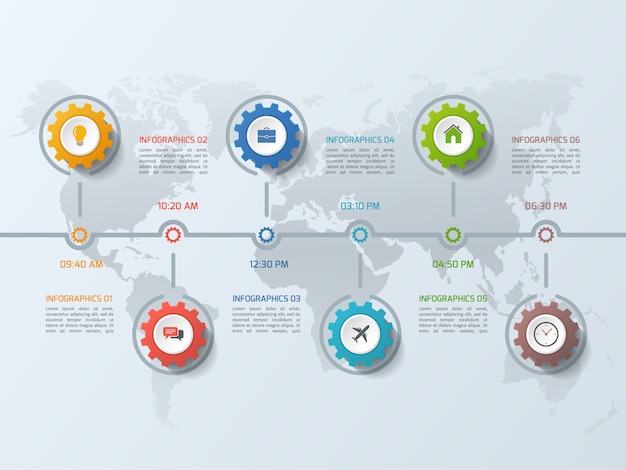 Modelo de infográfico de negócios timeline com dentadas de engrenagens