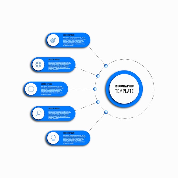 Modelo de infográfico de negócios verticais com cinco opções redondas azuis em um fundo branco