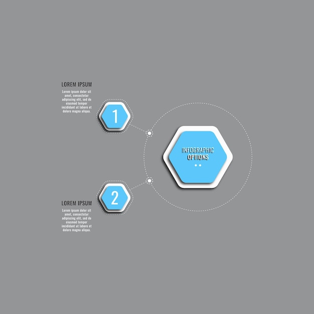 Modelo de infográfico de negócios verticais com dois elementos hexagonais azuis claros em um fundo cinza