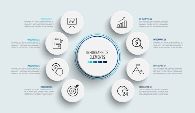Modelo de infográfico de vetor com etiqueta de papel 3d. conceito de negócio com 8 opções.