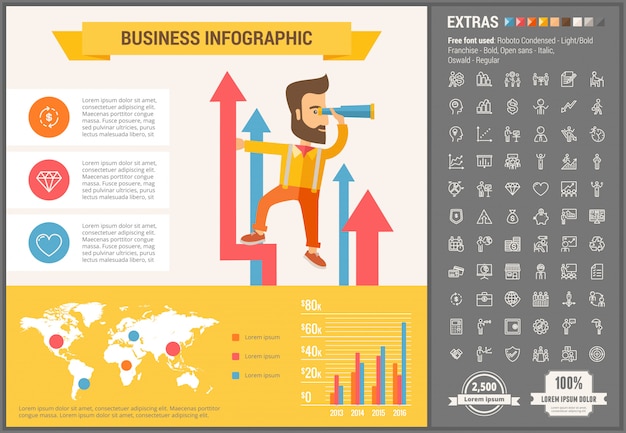 Modelo de infográfico negócios design plano e conjunto de ícones