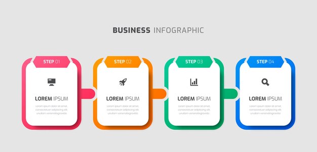 Modelo de infográfico vetorial com ícones de etiqueta retangular arredondada e 4 etapas para apresentação