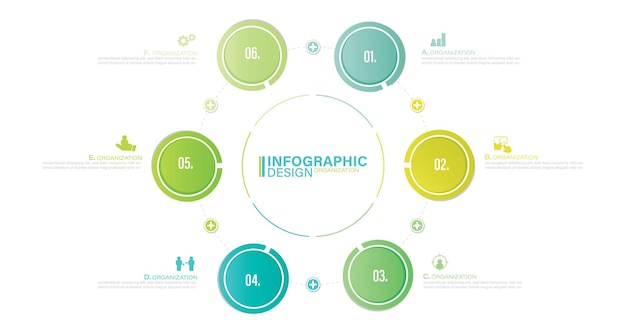 Modelo de infográfico vetorial com ilustração de ações de 6 etapas ícones de círculo de lista de infográfico