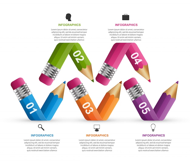 Modelo de infográficos com lápis colorido.