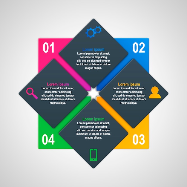 Modelo de infográficos com quatro opções no estilo material. pode ser usado como um gráfico, faixa numerada, apresentação, gráfico, relatório, web etc.