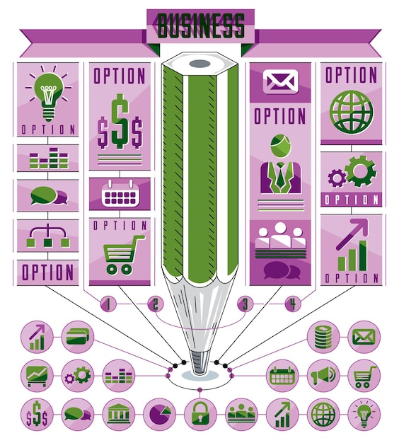 Vetor modelo de infográficos, composição dimensional centrada com lápis, ilustração vetorial.