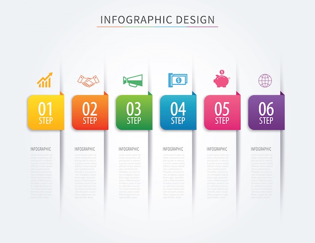 Modelo de infográficos da guia negócios com seis etapas.