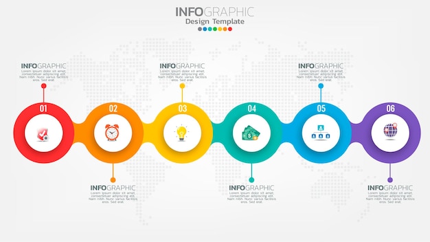 Modelo de infográficos de linha do tempo com gráfico de processo de fluxo de trabalho de 6 elementos.