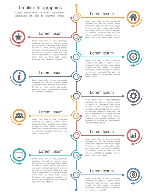 Modelo de infográficos de linha do tempo com nove elementos vetor eps10 ilustração