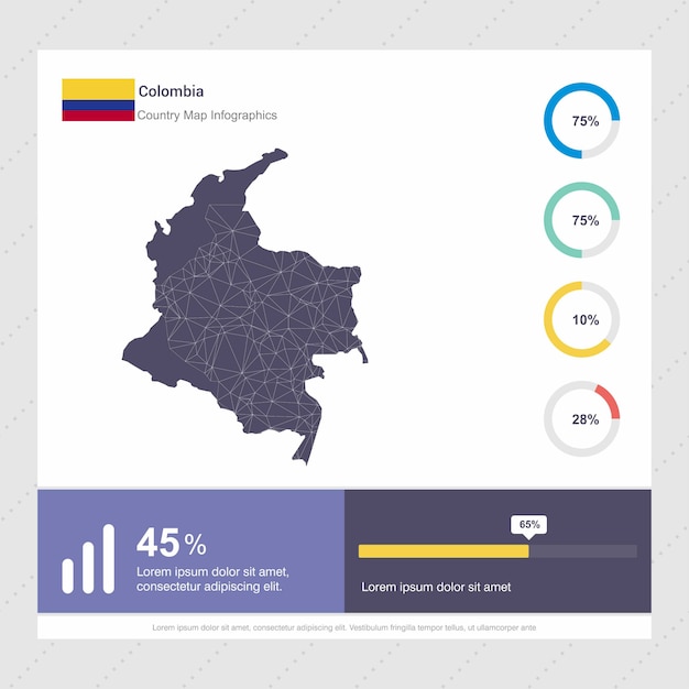 Modelo de infográficos de mapa e bandeira da colômbia