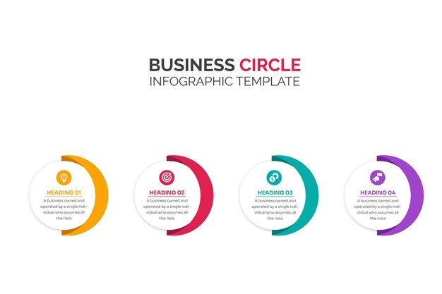 Modelo de infográficos de negócios abstratos com elementos de círculo de 4 opções para apresentação Vetor