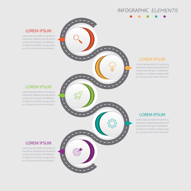 Modelo de infográficos de negócios de apresentação com 5 opções.