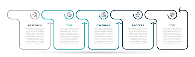 Modelo de infográficos de negócios design de linha fina com setas e 5 opções ou etapas
