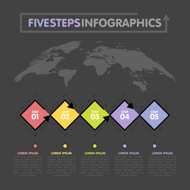 Modelo de infográficos de negócios. linha do tempo com 5 etapas de losango, cinco opções de número. mapa do mundo em segundo plano. elemento do vetor.