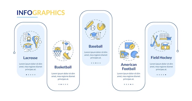 Modelo de infográficos de vetor de bolsa atlética 2d com visualização de dados de ícones de linha fina com gráfico de cronograma de processo de 5 etapas