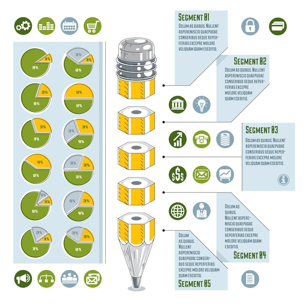 Modelo de infográficos, ideia com lápis, ilustração vetorial.