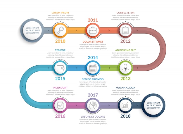 Modelo de infográficos timeline colorido