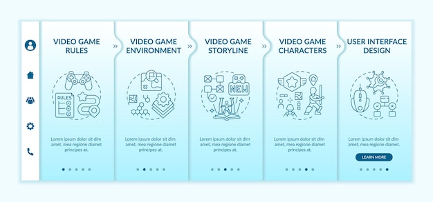 Modelo de integração de componentes de design de videogame. criação de regras de videogame para melhorar a história. site móvel responsivo com ícones. telas de passo a passo da página da web.