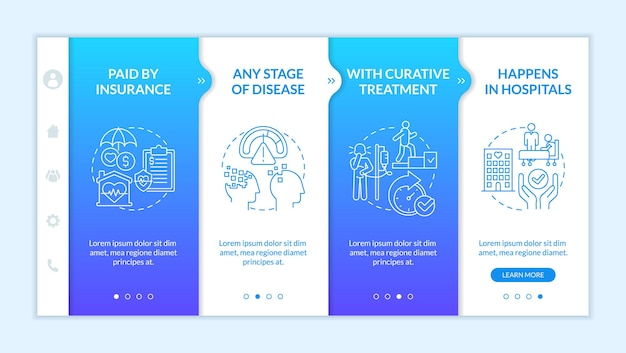 Modelo de integração de gradiente azul de características de cuidados paliativos site móvel responsivo com ícones de conceito linear passo a passo da página da web telas de 4 etapas latobold fontes regulares usadas