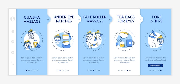 Modelo de integração de procedimentos de tratamento facial em casa. remendos sob os olhos. sacos de chá para os olhos. site móvel responsivo com ícones. telas de passo a passo da página da web. conceito de cor rgb