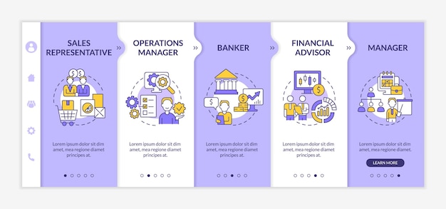 Modelo de integração roxo e branco de carreiras de gerenciamento de negócios site móvel responsivo com ícones de conceito linear passo a passo da página da web telas de 5 etapas latobold fontes regulares usadas