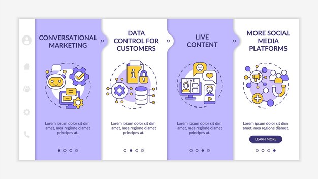 Modelo de integração roxo e branco de tendências de marketing modernas site móvel responsivo com ícones de conceito linear passo a passo da página da web telas de 4 etapas latobold fontes regulares usadas