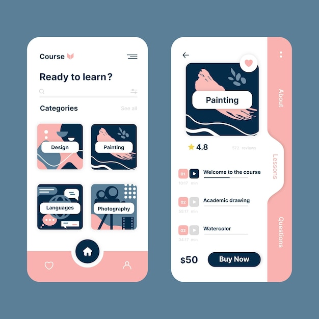 Modelo de interface de aplicativo de curso ilustrado