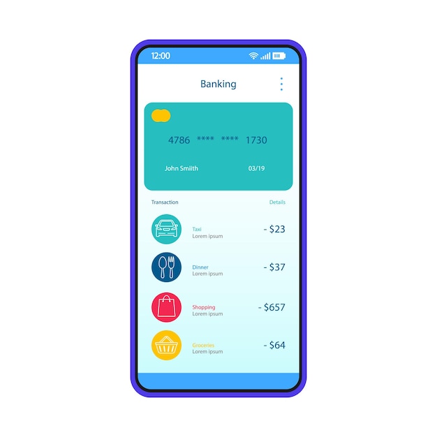 Modelo de interface de conta bancária móvel. pagamento online. layout de design de página de aplicativo para smartphone. transação de cartão de crédito. tela de pagamento eletrônico. ui plana para aplicação. opções de pagamento de exibição do telefone