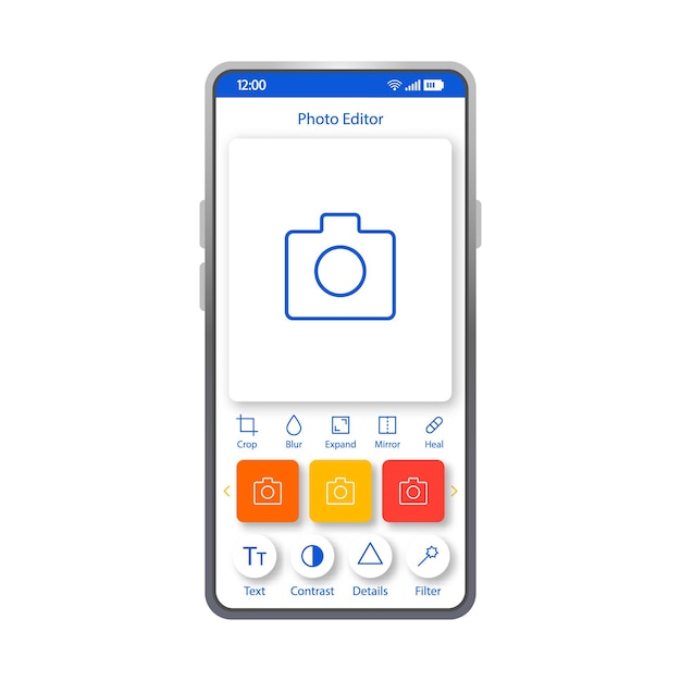 Modelo de interface de smartphone de editor de fotos. Layout de página de aplicativo móvel. Criador de conteúdo. Criador de postagem de mídia social. Tela da câmera. UI plana para aplicativo de edição de fotos. Exibição do telefone aprimorador de fotografia